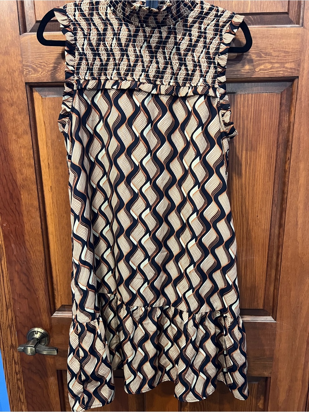 THML Sleeveless Midi Dress in Beige, Black and Brown Wave Print